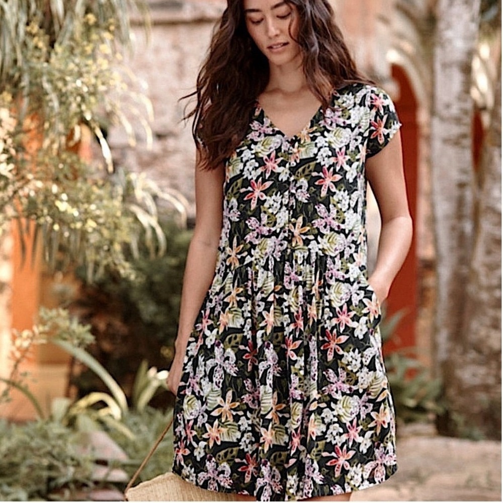 Garnet Hill Marina Crepe Dress Button Front Floral V-Neck Pockets Large NEW